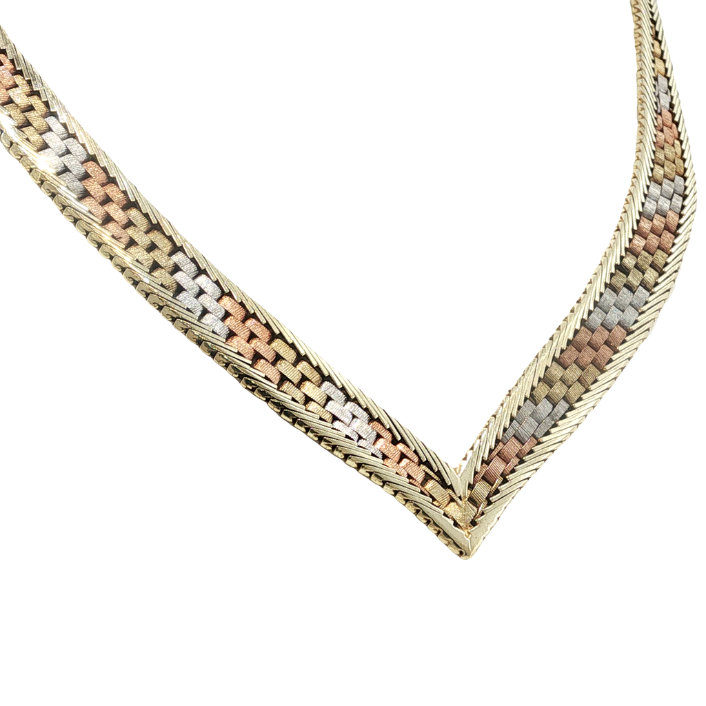14K yellow, white and rose gold graduated necklace with an intricate woven design.